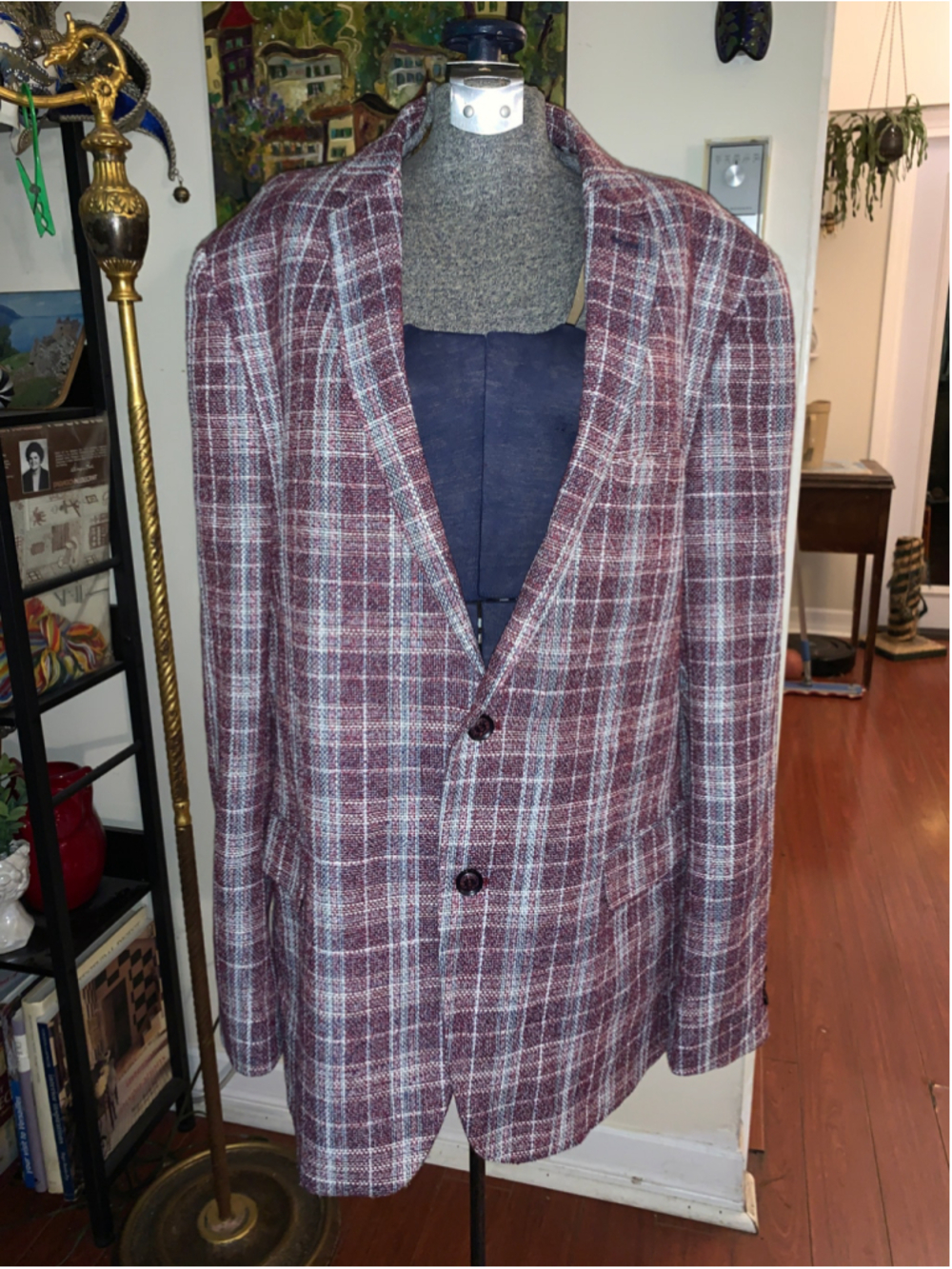 Men's Lief & Horsens Sport Coat Blazer Maroon White Plaid Size 48T